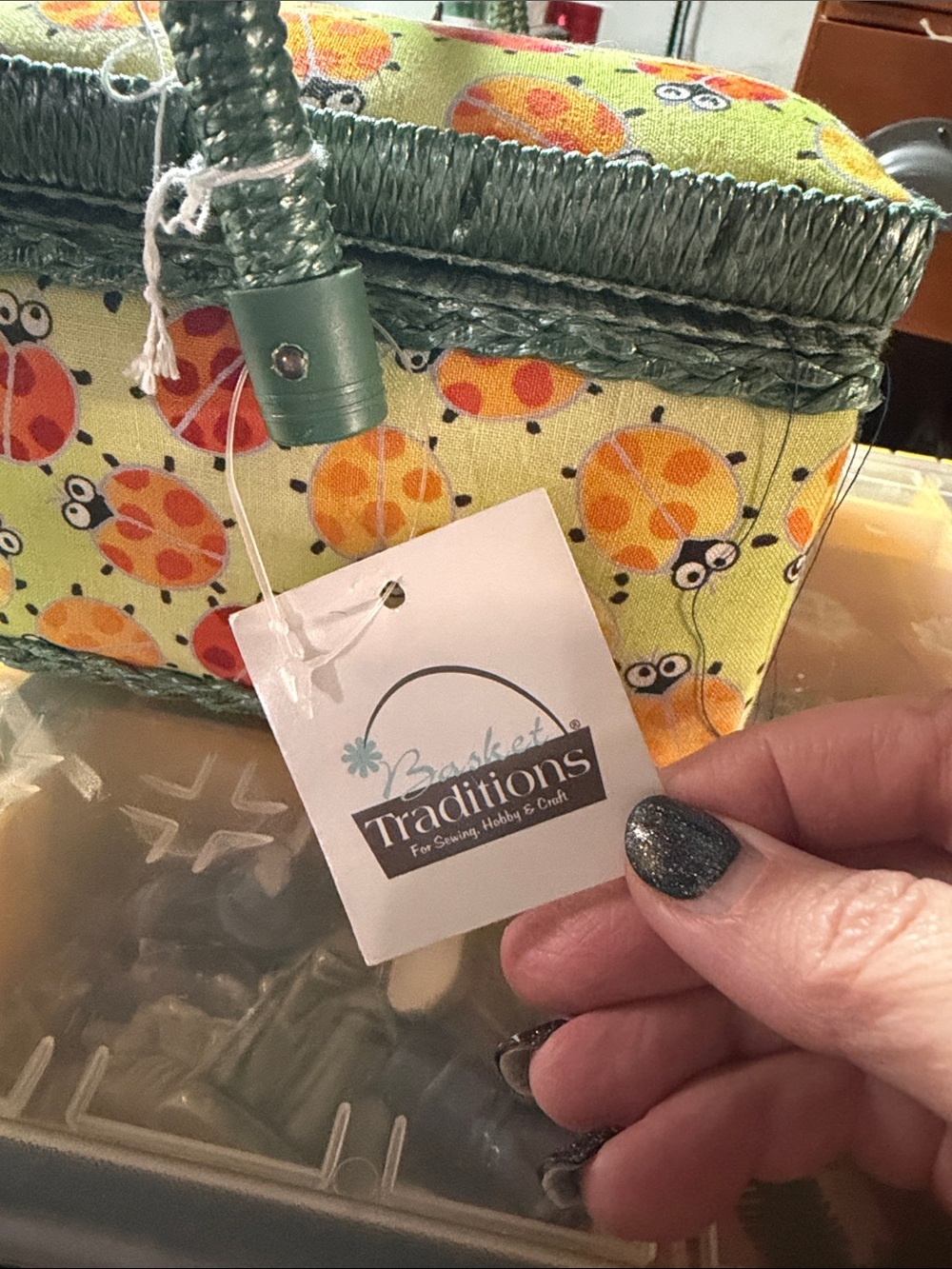 NWT Bright Ladybug-Print Fabric Sewing Box - Green - Picture 7 of 7